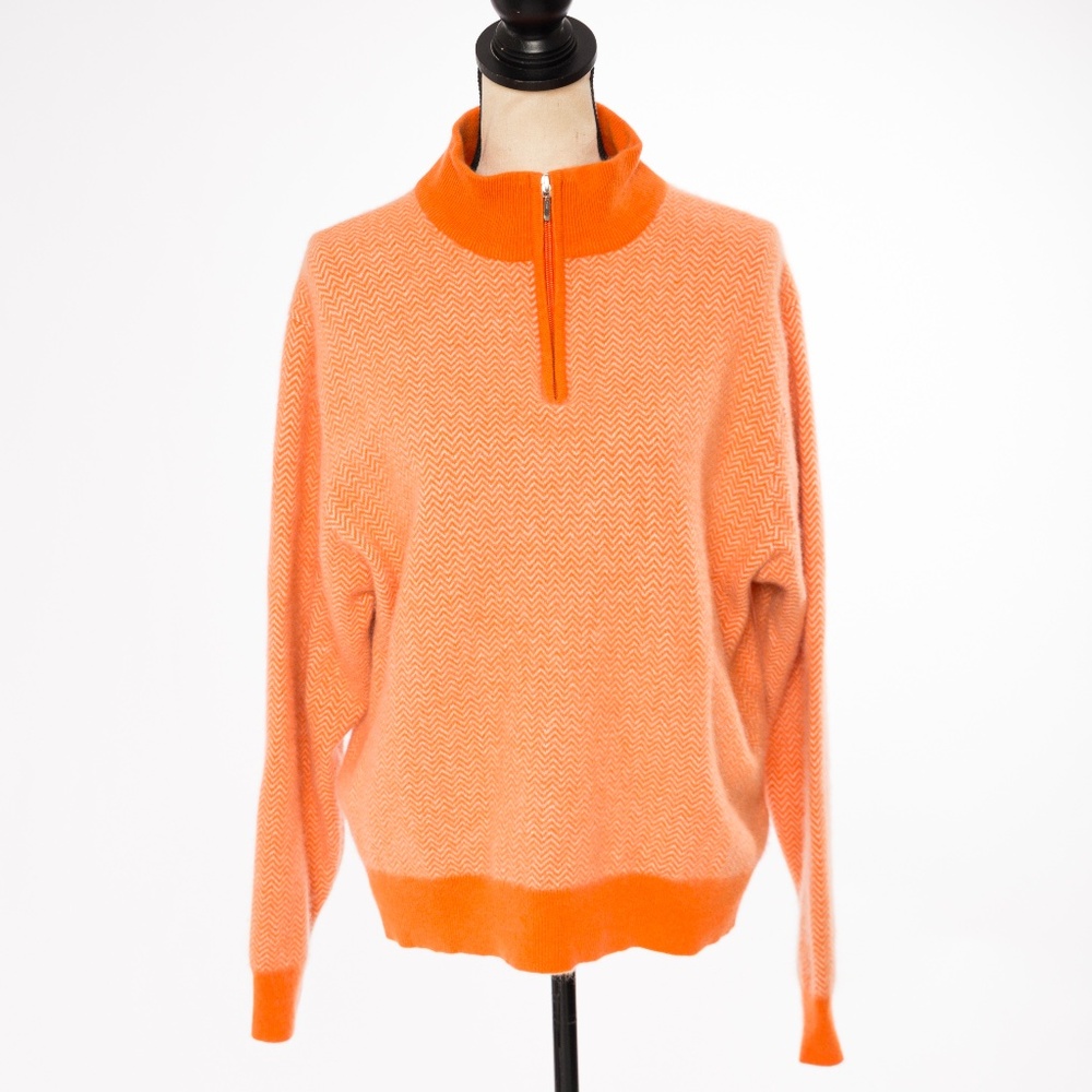 100% pure cashmere sweater 1/4 zipper herringbone orange & white M to L
